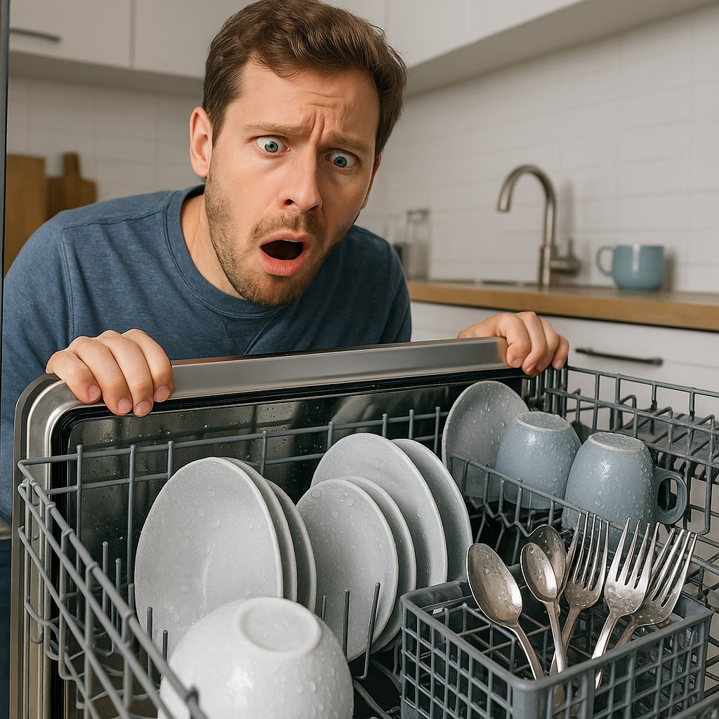 Person opens dishwasher for wet dishes