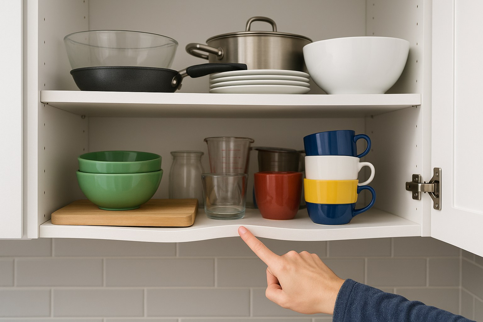 person points at curved overloaded shelf