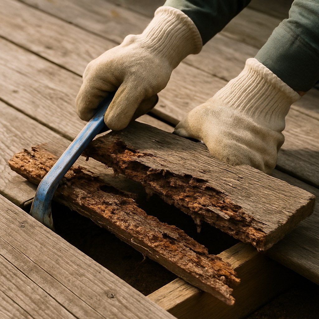 Person pries rotten deck board