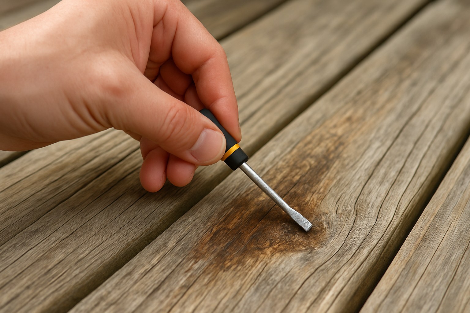 person probing discolored deck board