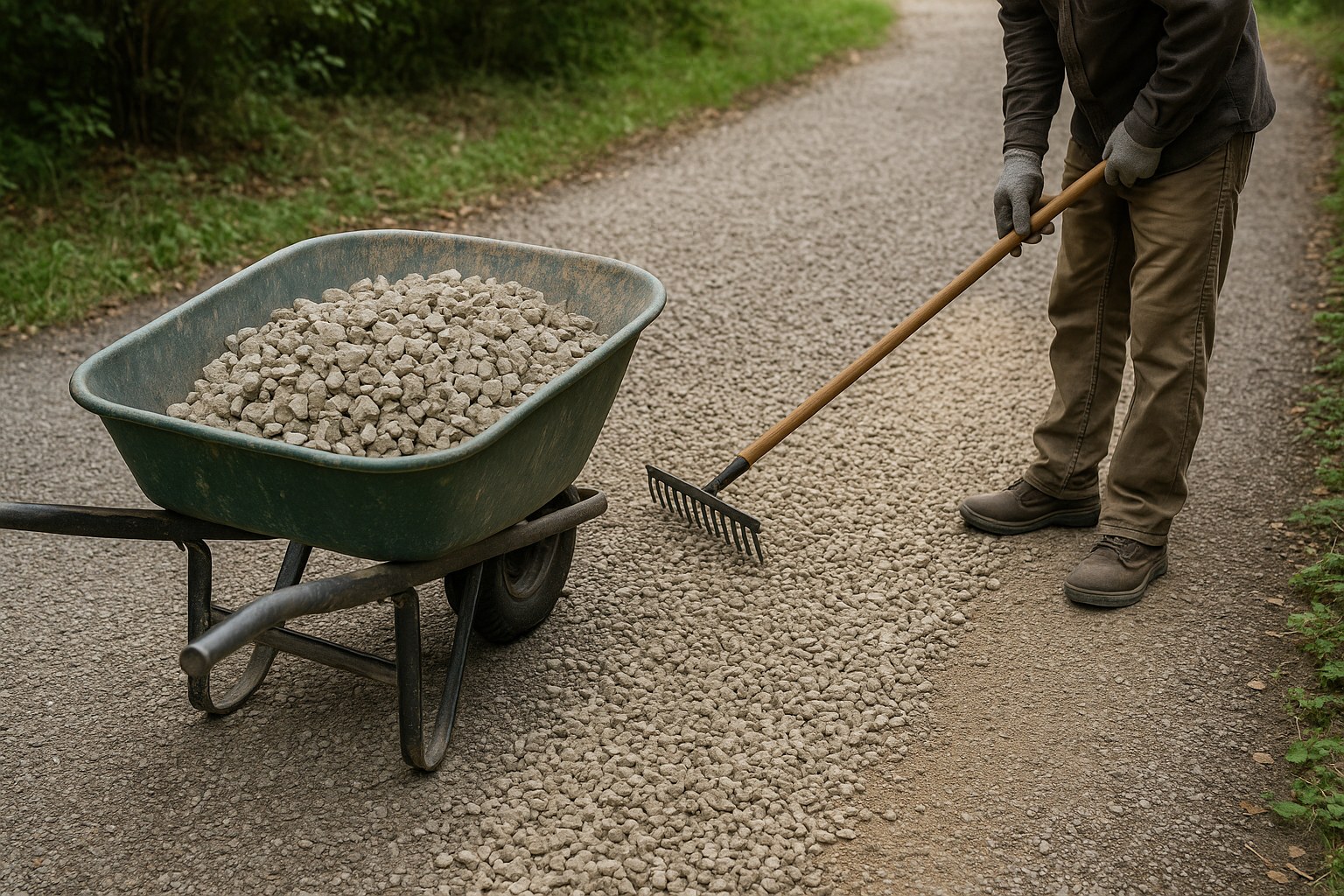 Person raking fresh gravel on driveway