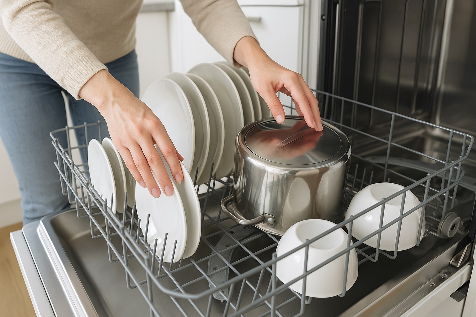 Person rearranges dishes in dishwasher