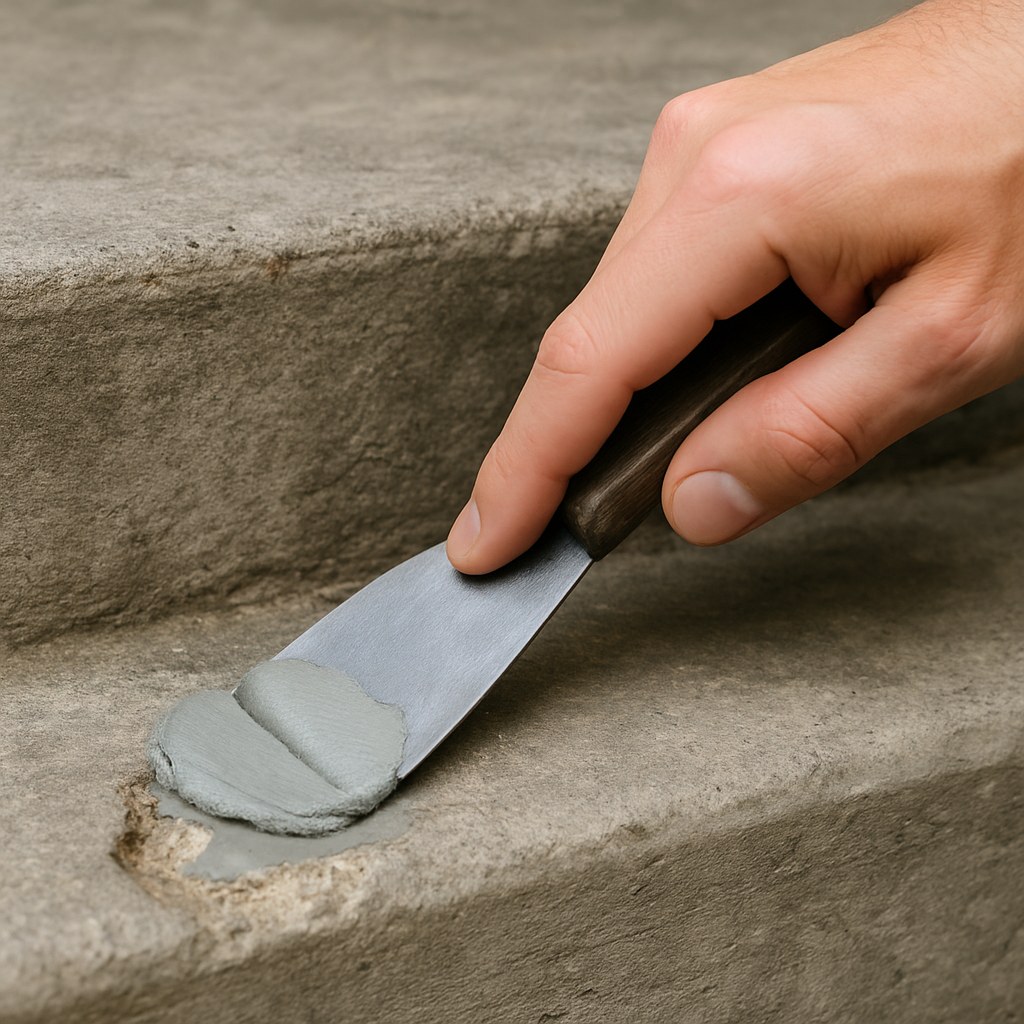 Person repairing chipped concrete step
