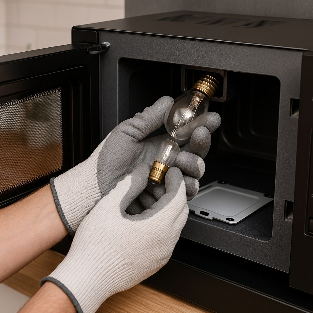 person replacing light bulb in microwave