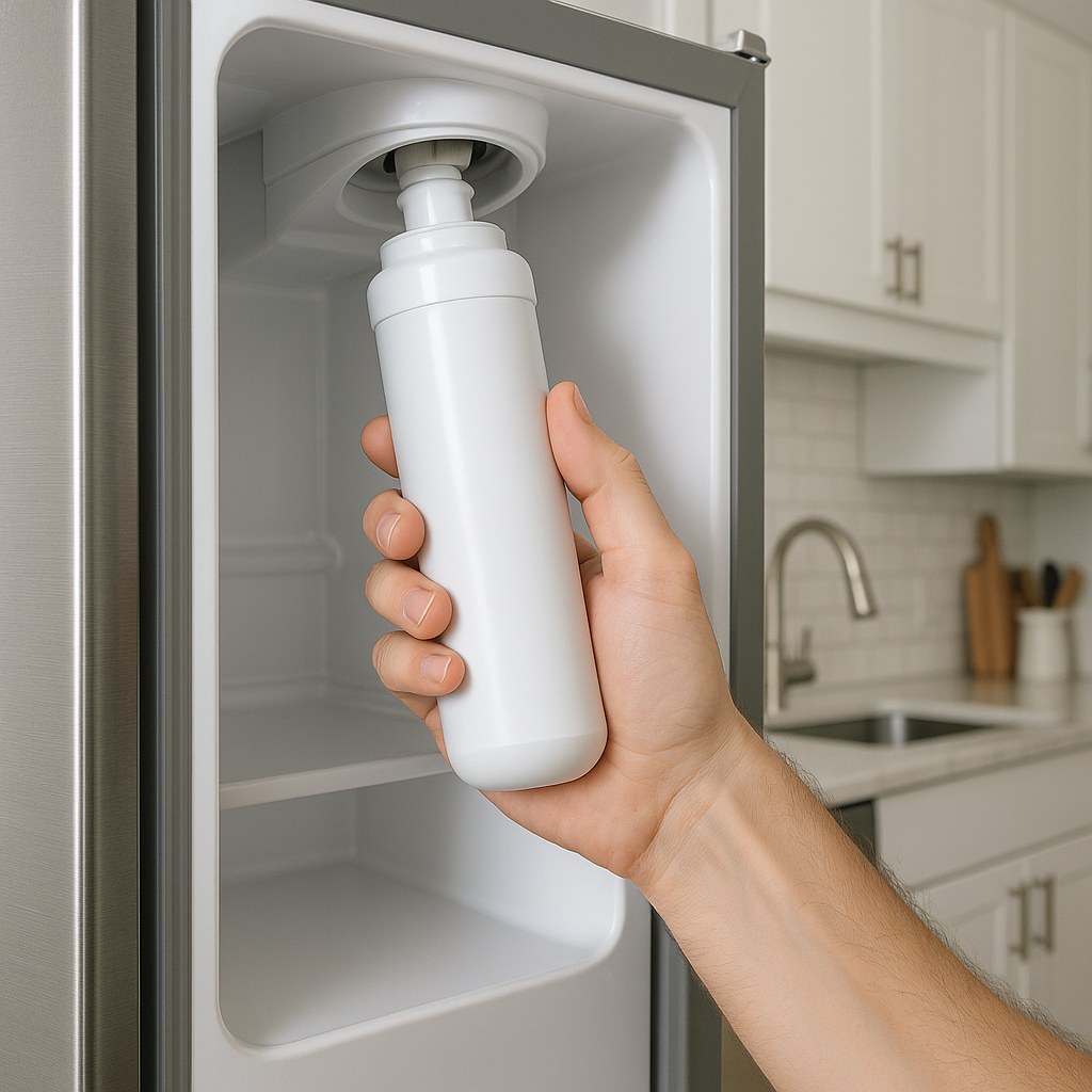 person replacing refrigerator water filter