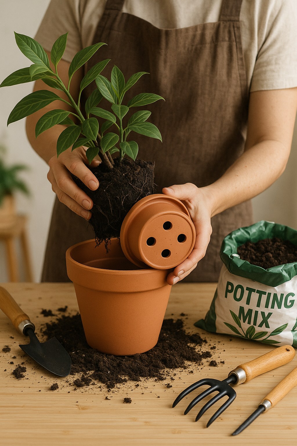 person repotting plant with drainage holes