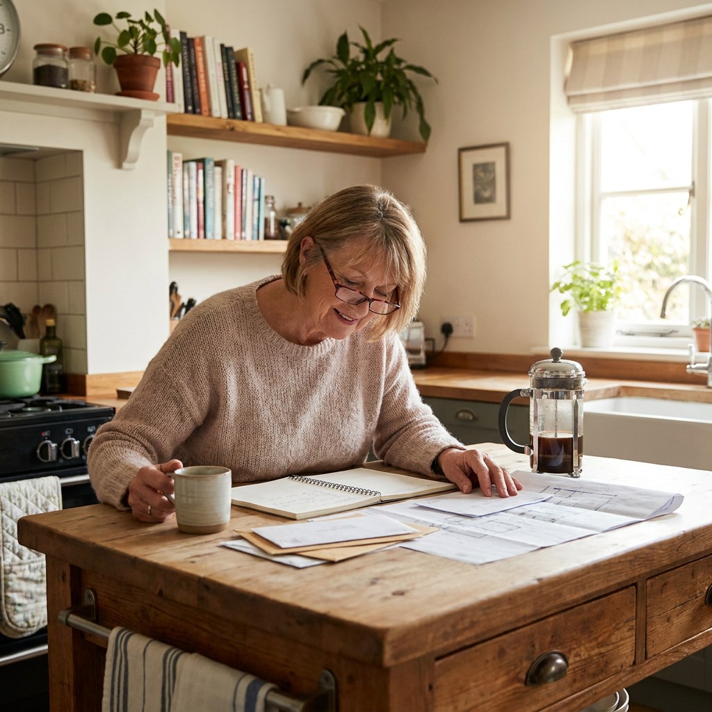 Person reviewing home documents with coffee
