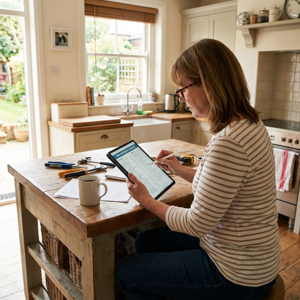 Person reviewing home maintenance checklist tablet