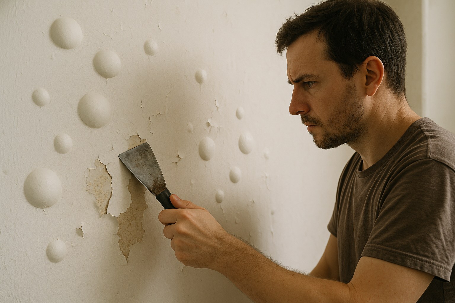 Person scraping wall with putty knife