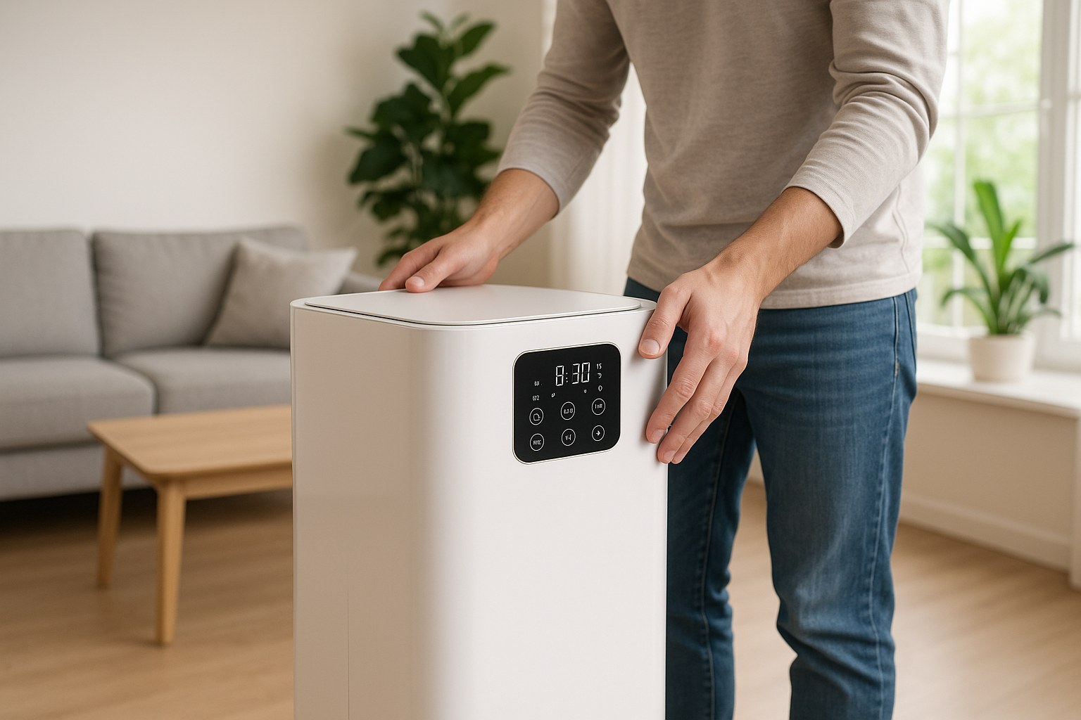 person sets up dehumidifier by window