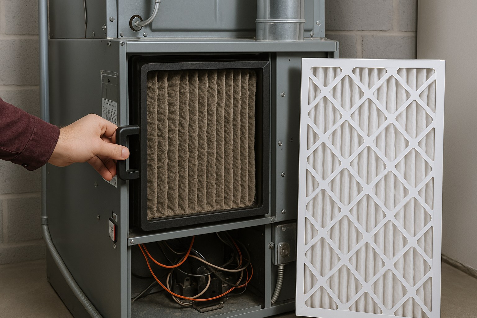 person shows clogged filter near new