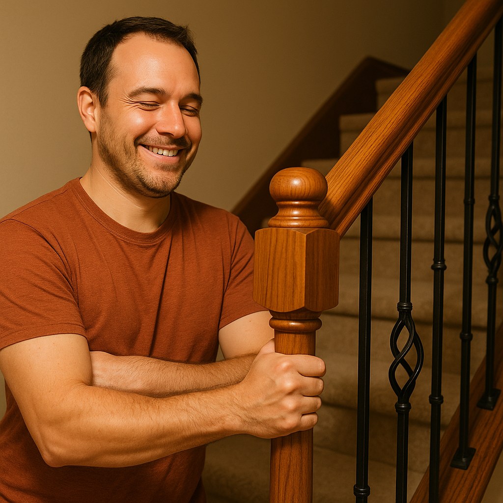 person smiling at fixed staircase railing