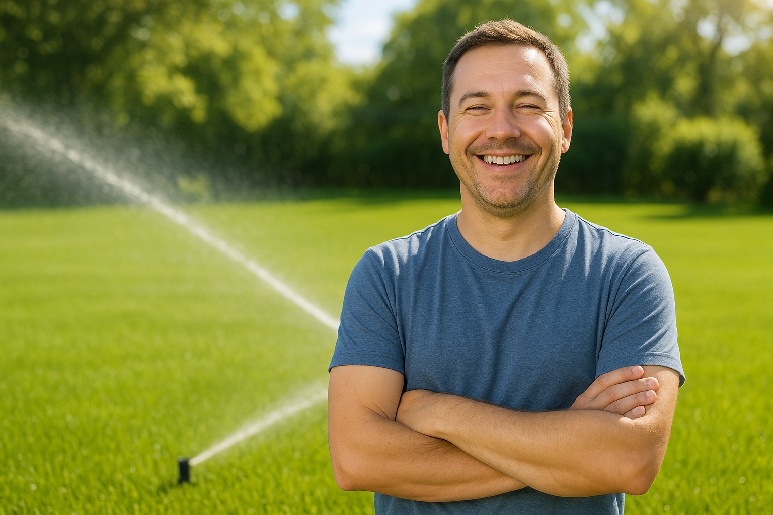 Person smiling at healthy green lawn