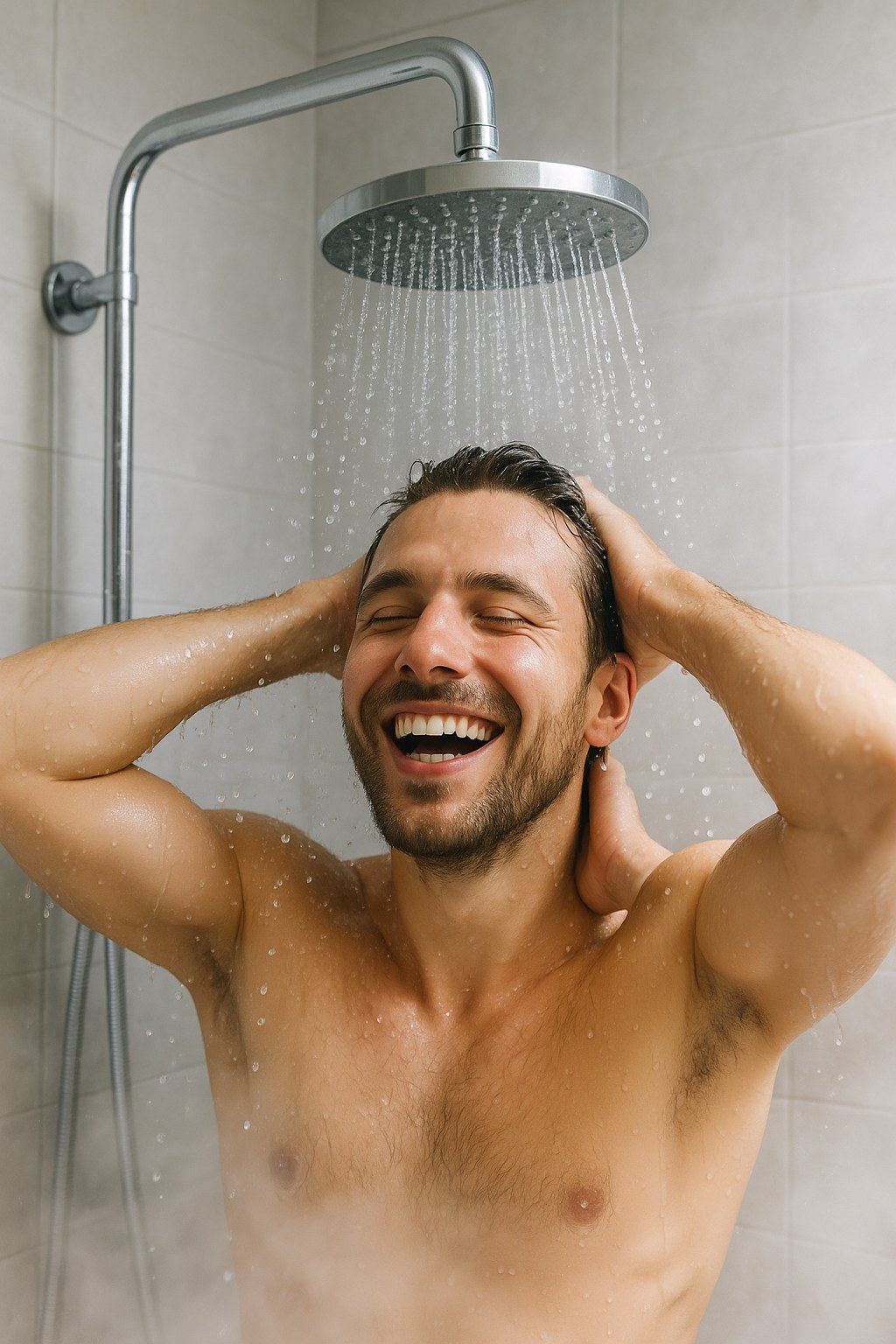 Person smiling in high pressure shower