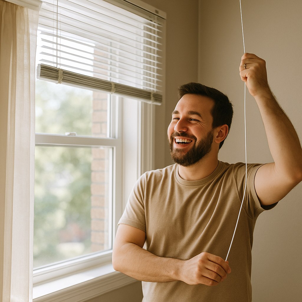 Person smiling with fixed window blinds