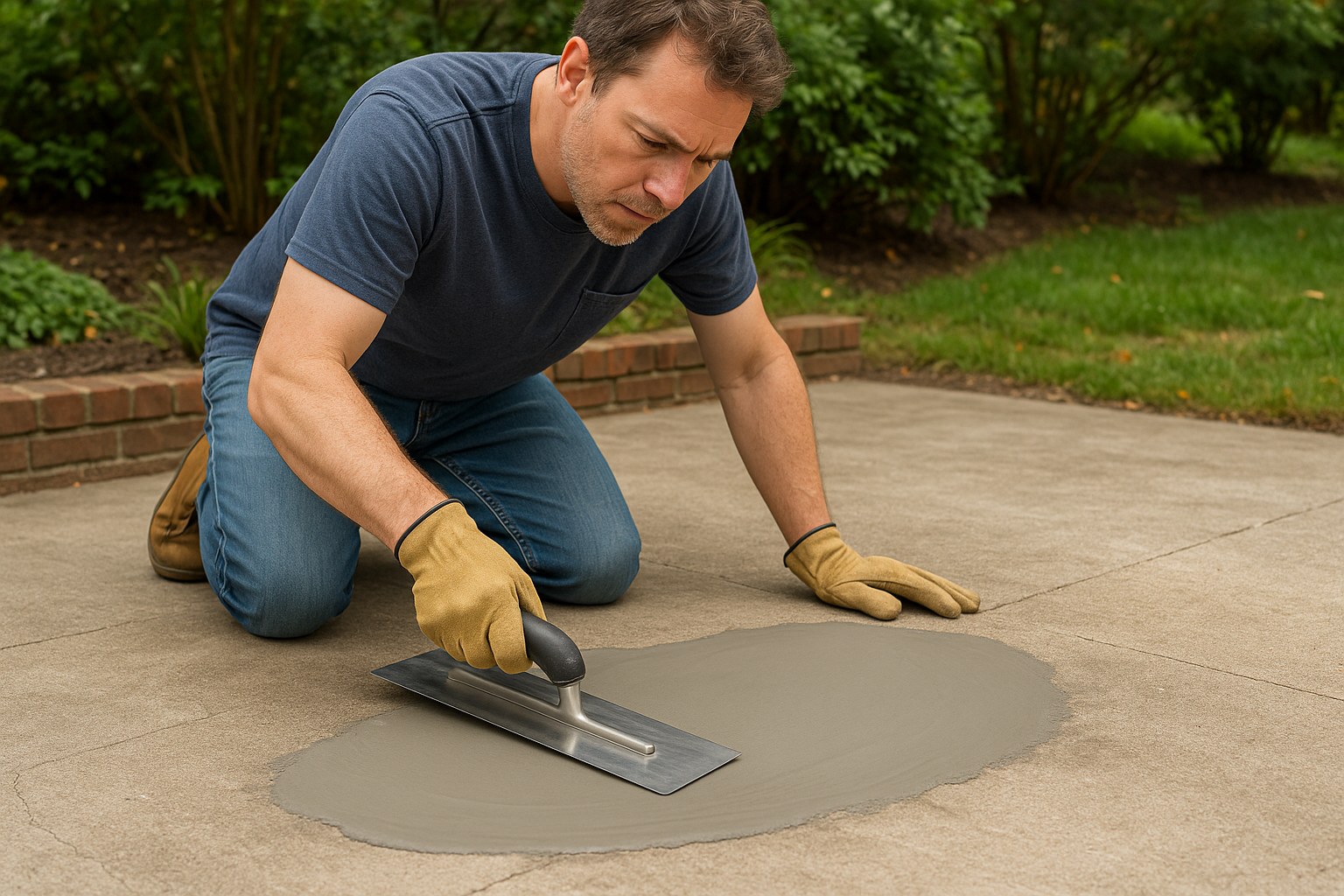 person smoothing concrete on patio