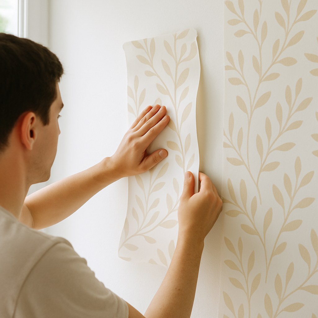 person smoothing peel and stick wallpaper