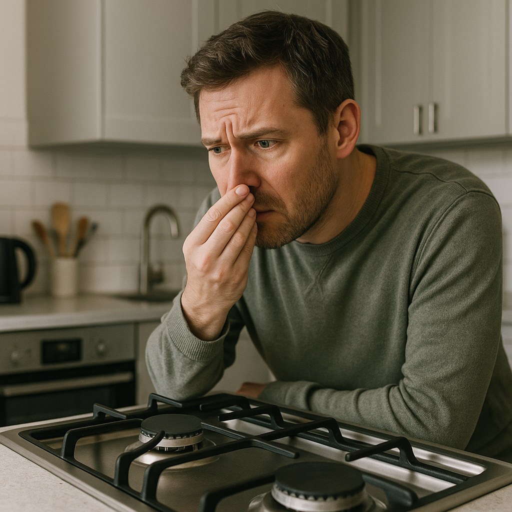 person sniffing air near stove