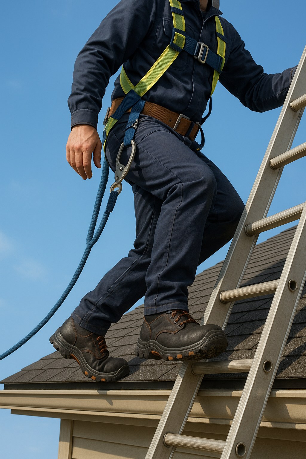 Person stepping from ladder onto roof