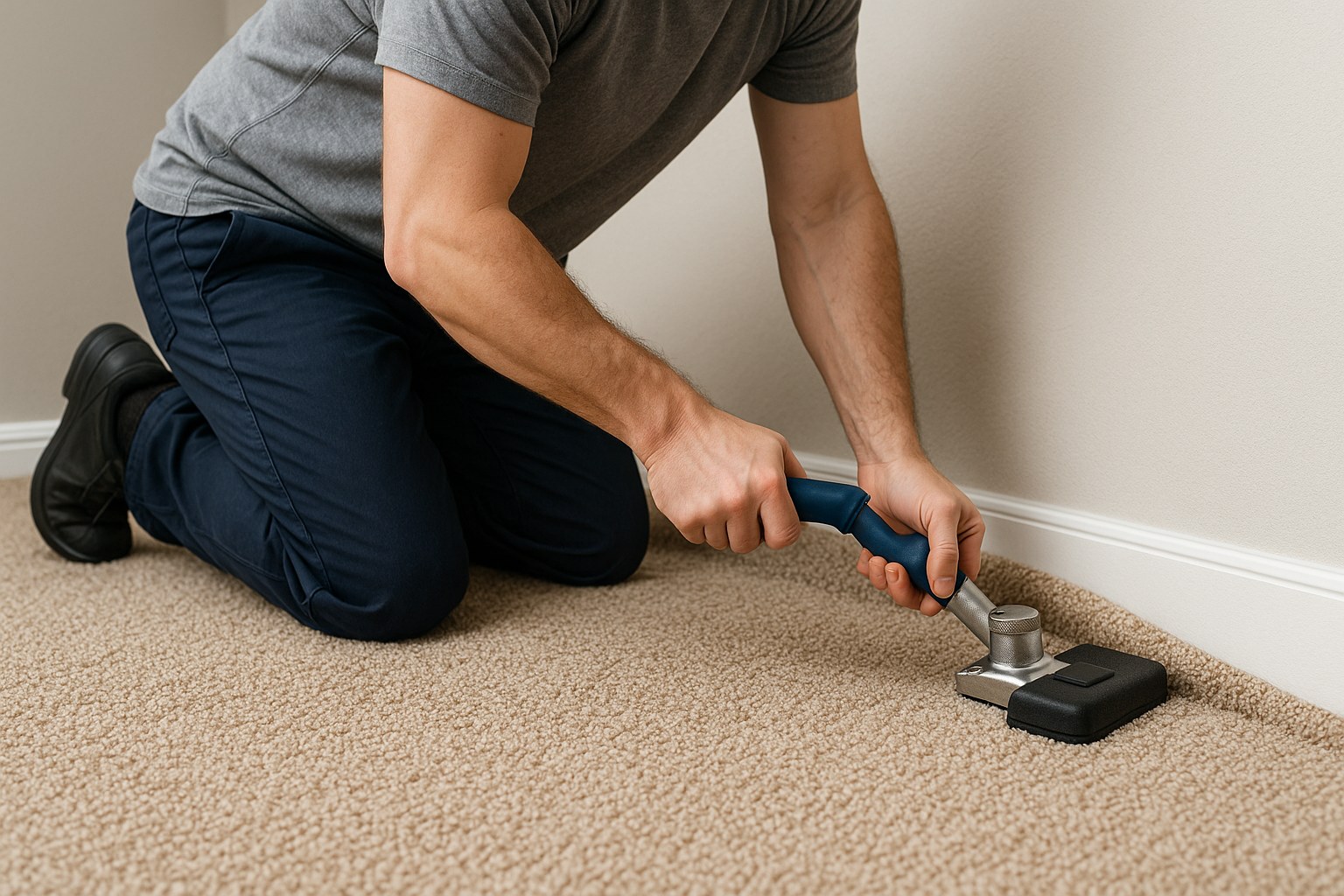 Person stretching carpet with knee kicker