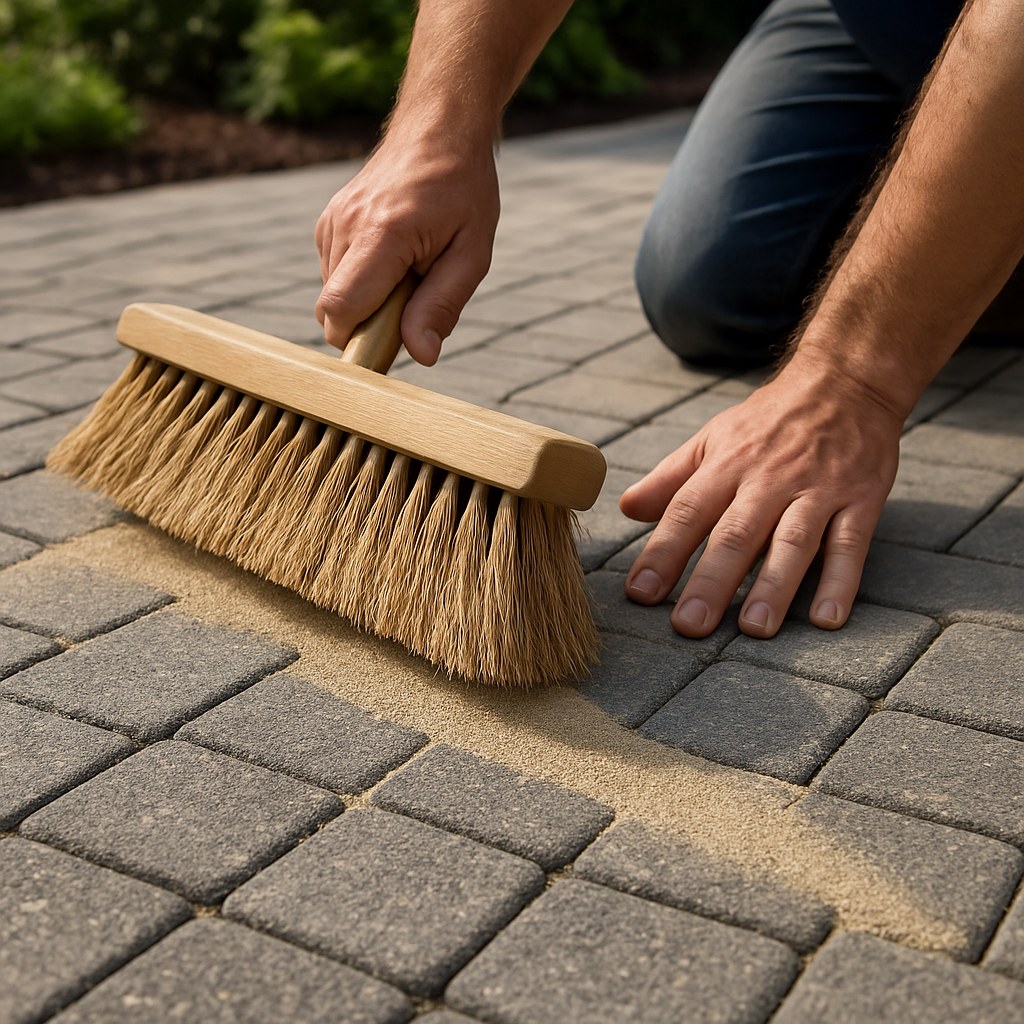 Person sweeping sand into paver driveway