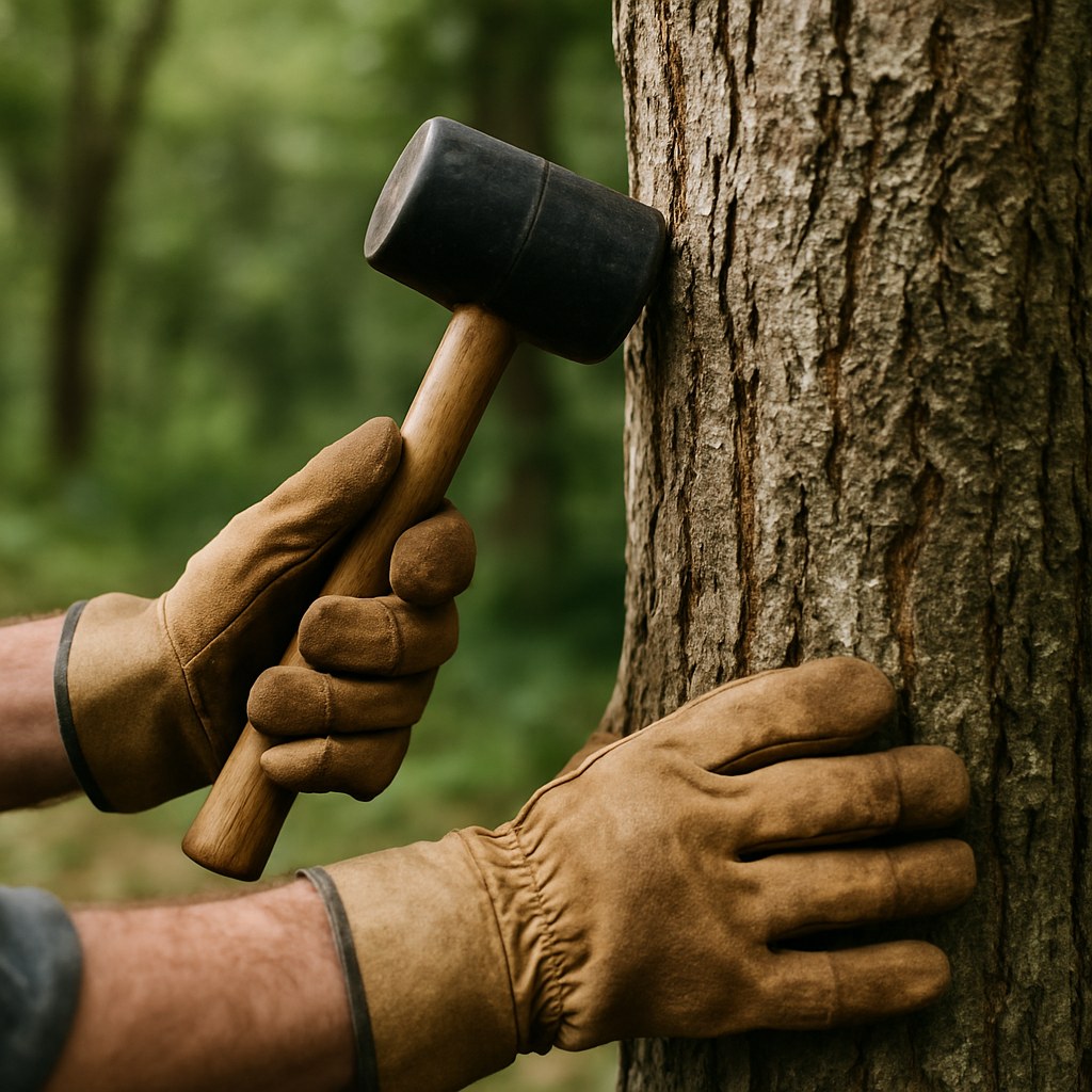 person tapping tree trunk with mallet