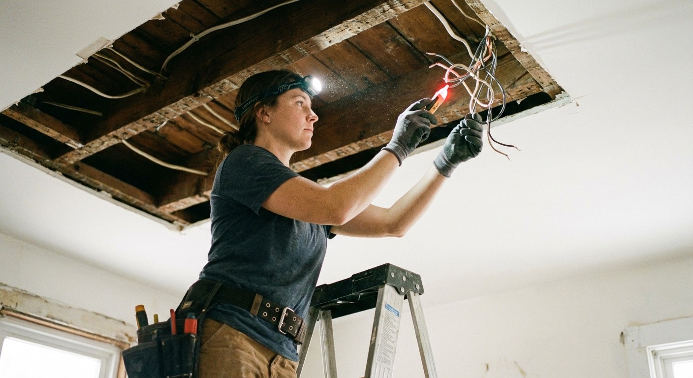 Person testing ceiling wires voltage