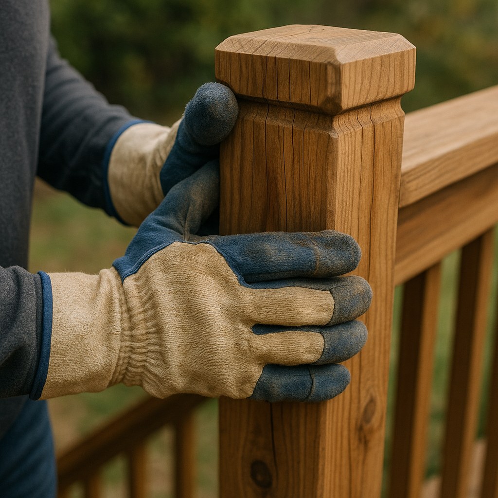 Person testing wooden deck railing