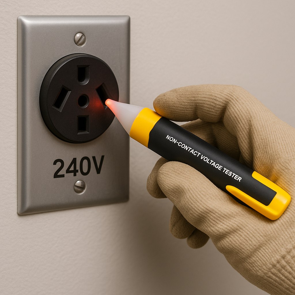 person tests dryer outlet with tester