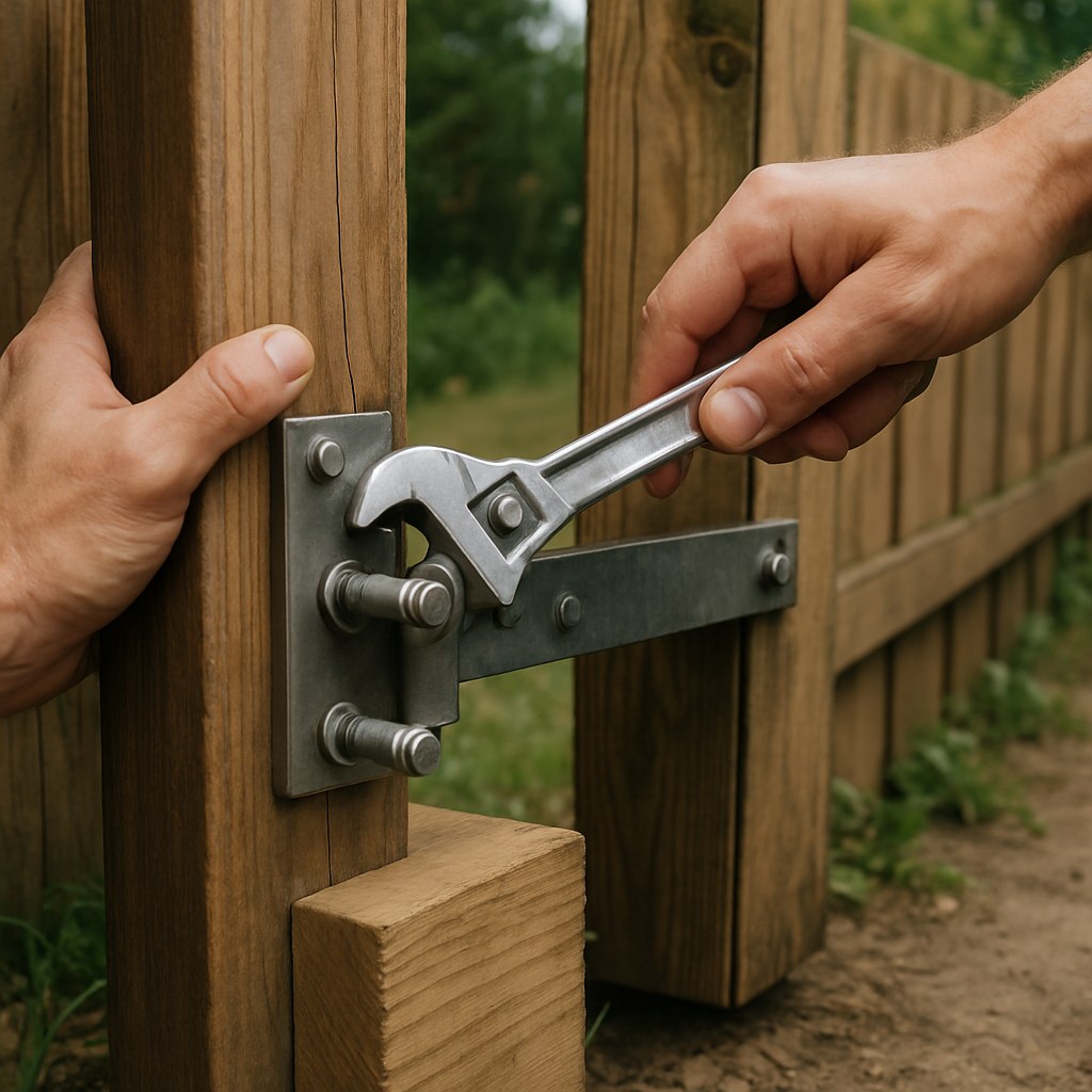 person tightening fence gate hinge