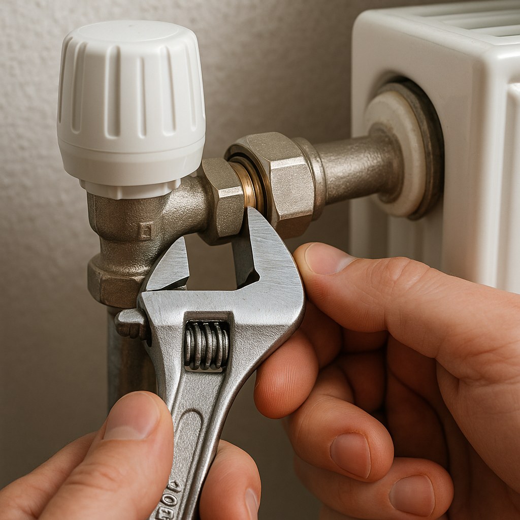 Person tightening radiator valve with wrench
