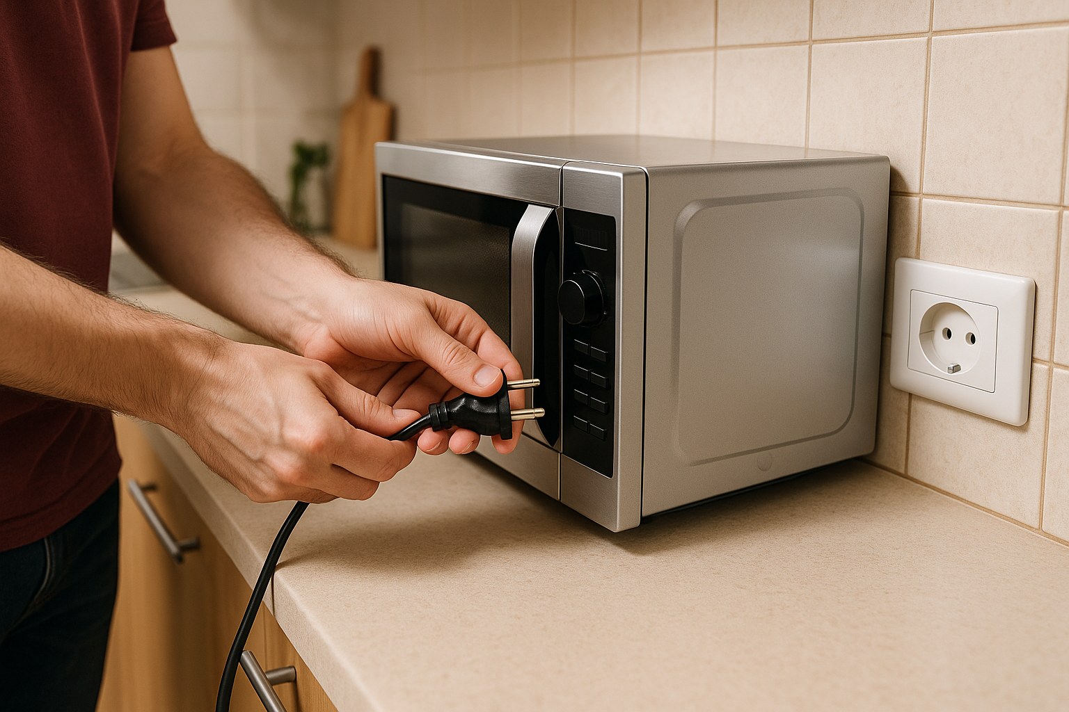 person unplugging microwave from outlet