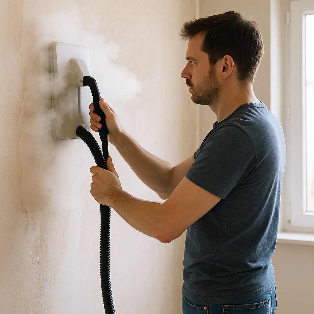 person uses wallpaper steamer emitting steam