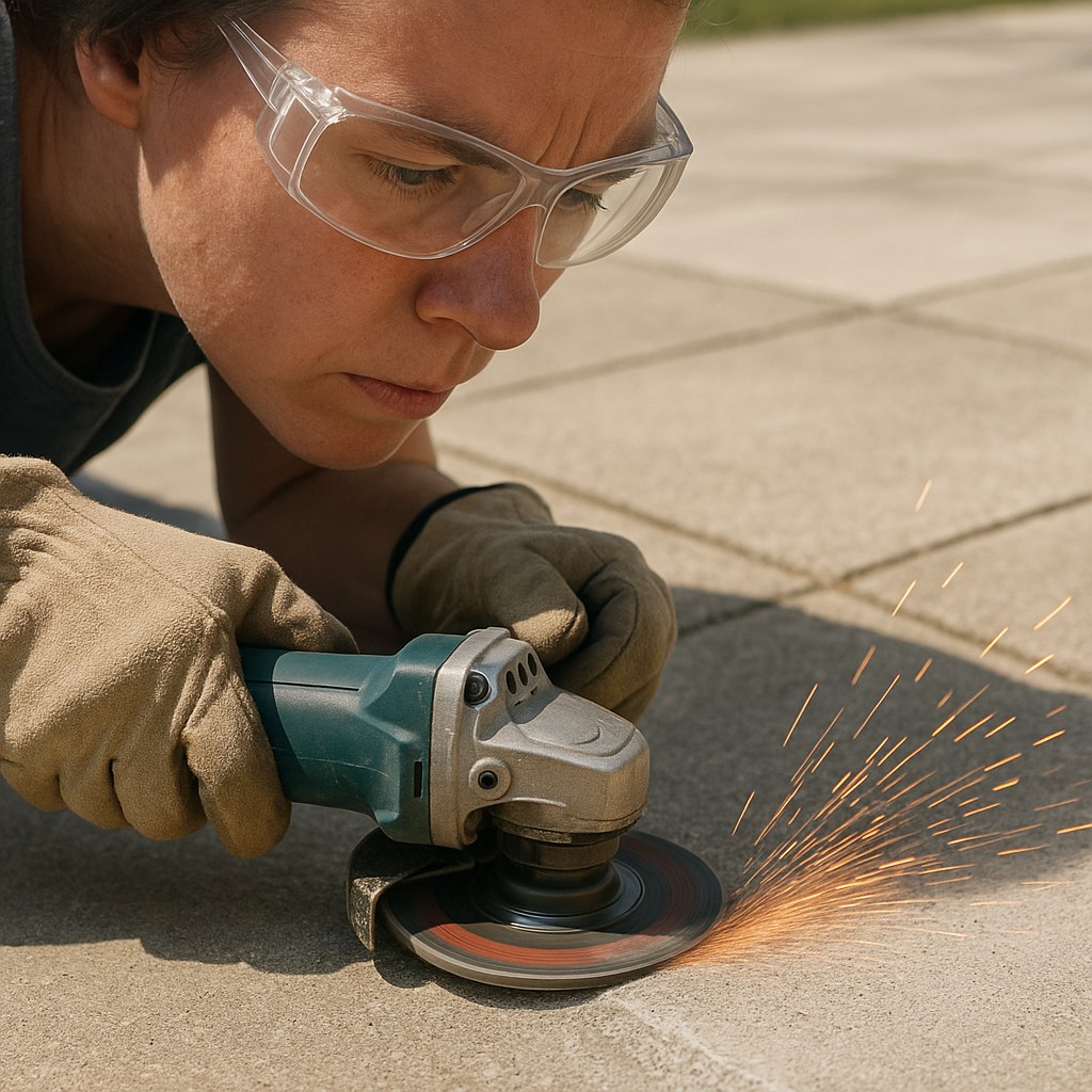 person using angle grinder on patio