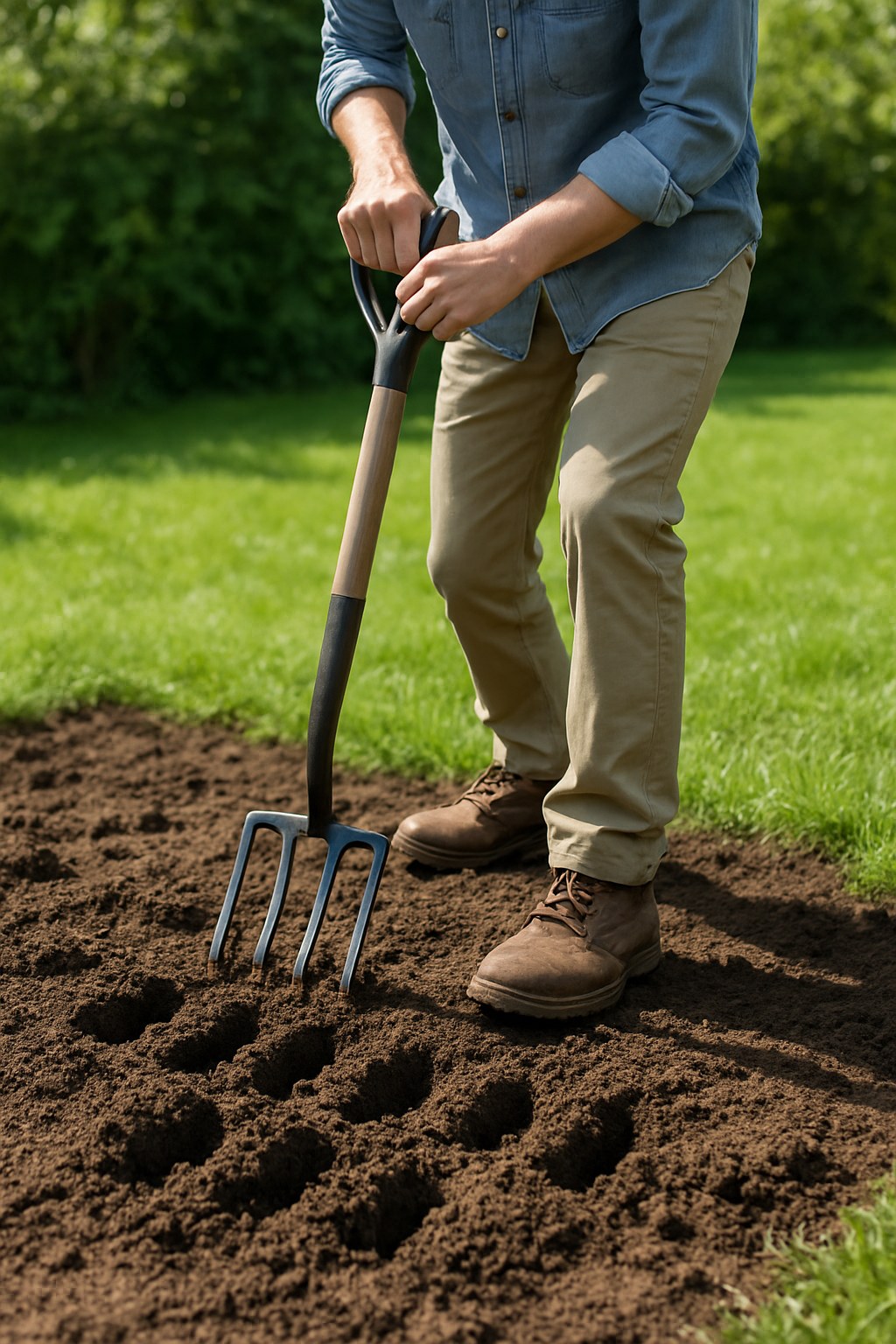 person using fork to aerate soil