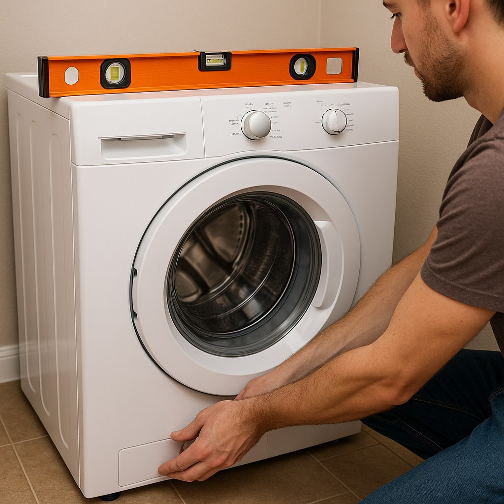 Person using level on washing machine