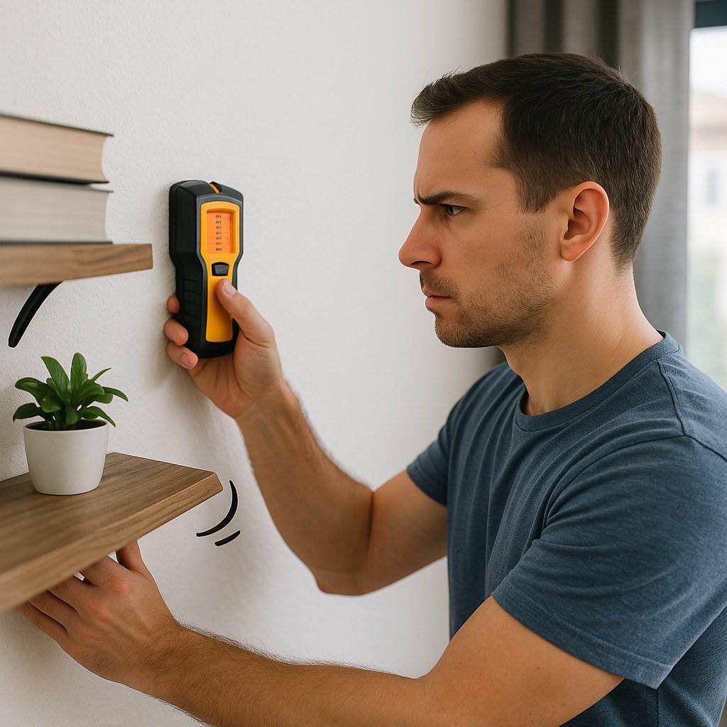 Person using stud finder by wobbly shelf