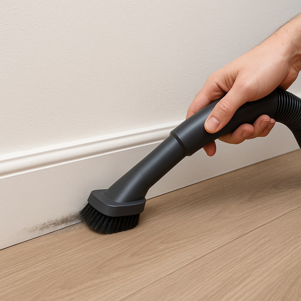 Person vacuum cleaning baseboard grooves
