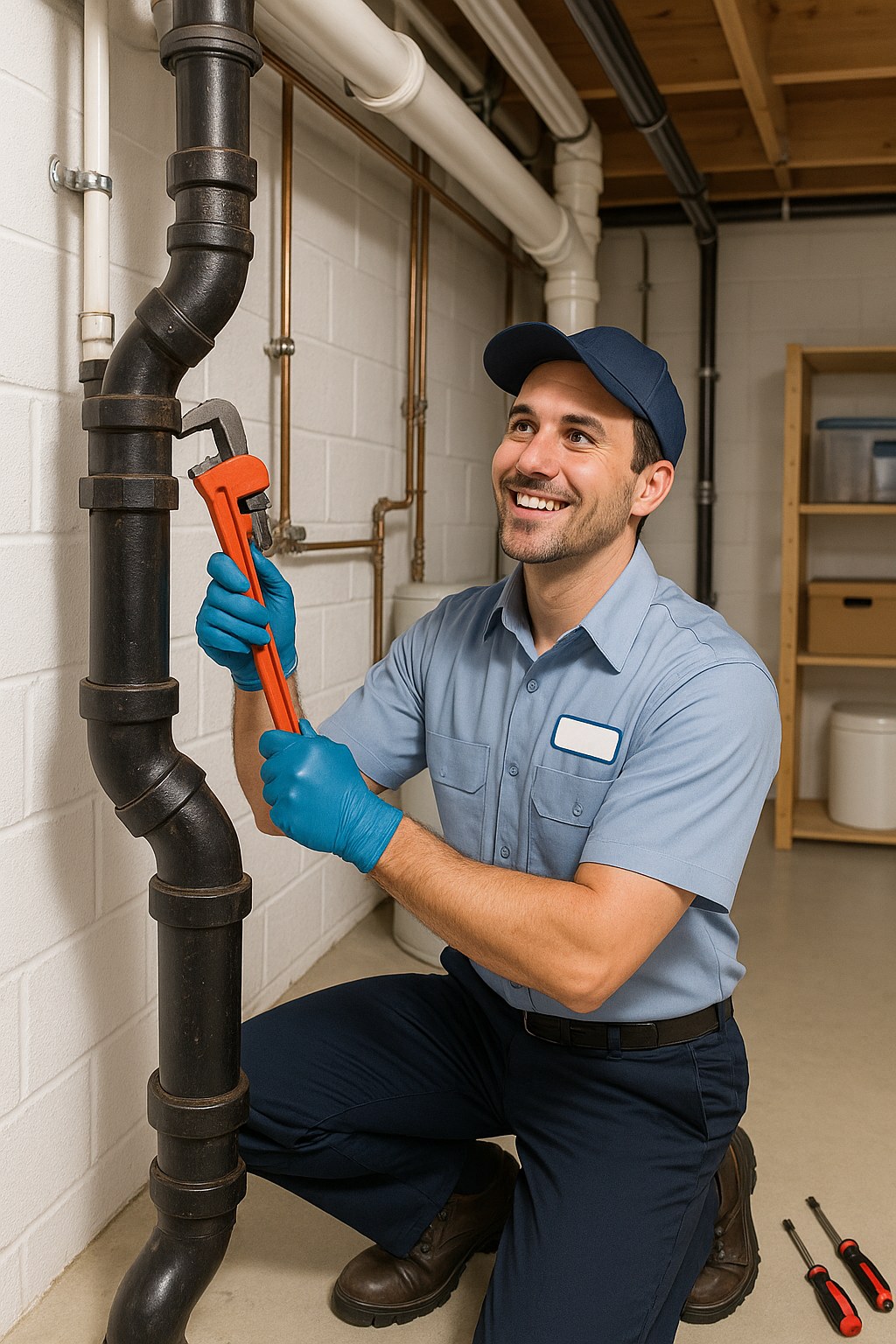 Plumber working on drain in basement