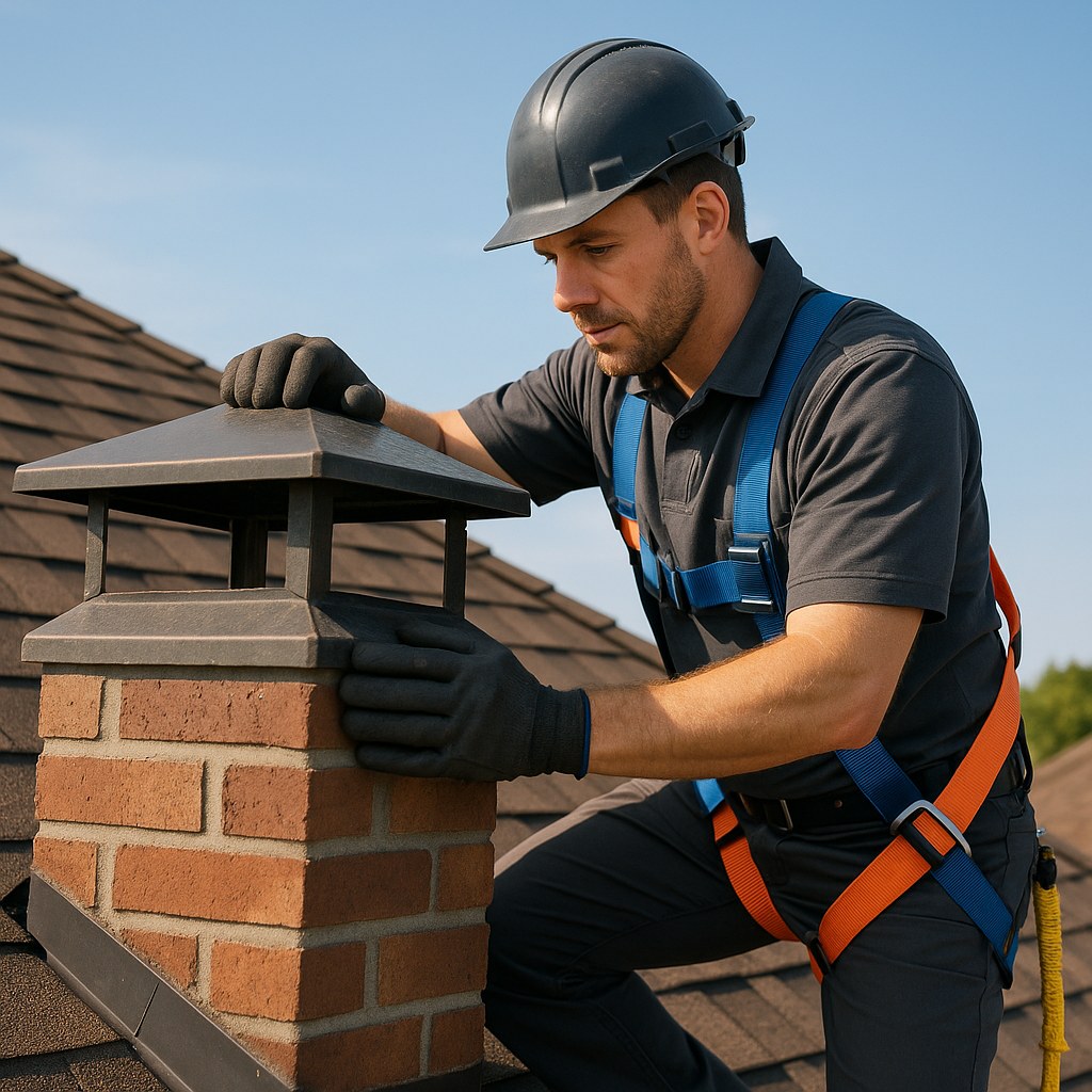 Professional roofer inspecting chimney cap