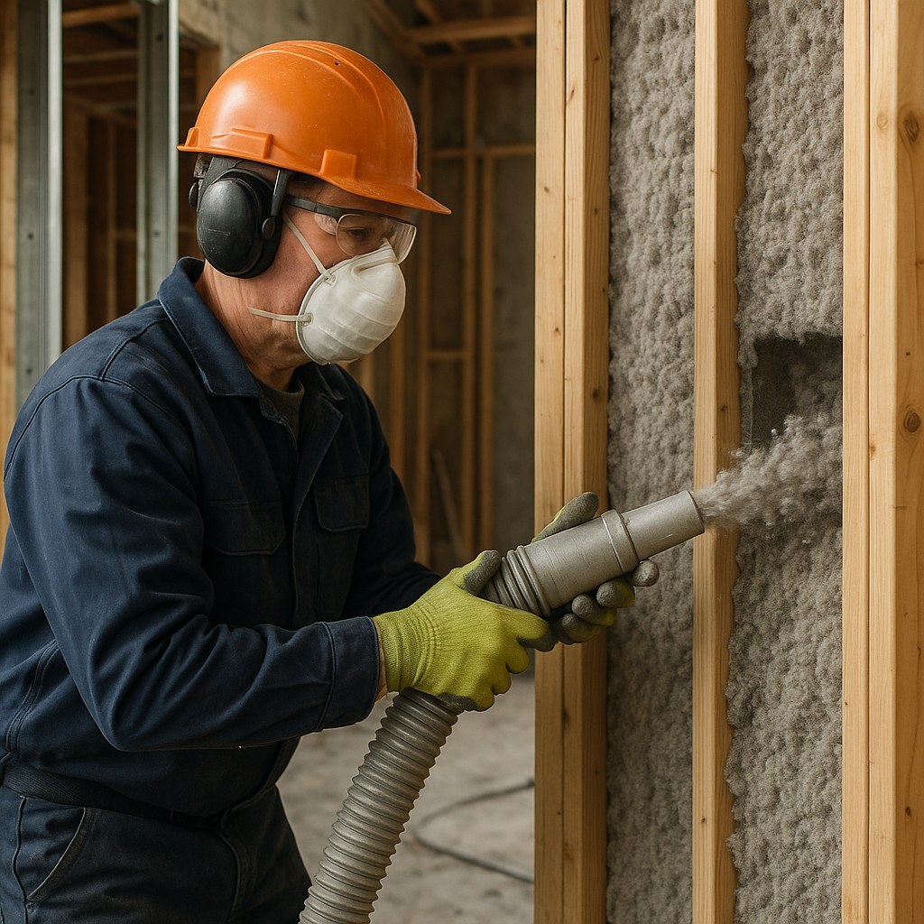 Professional using blower to add insulation
