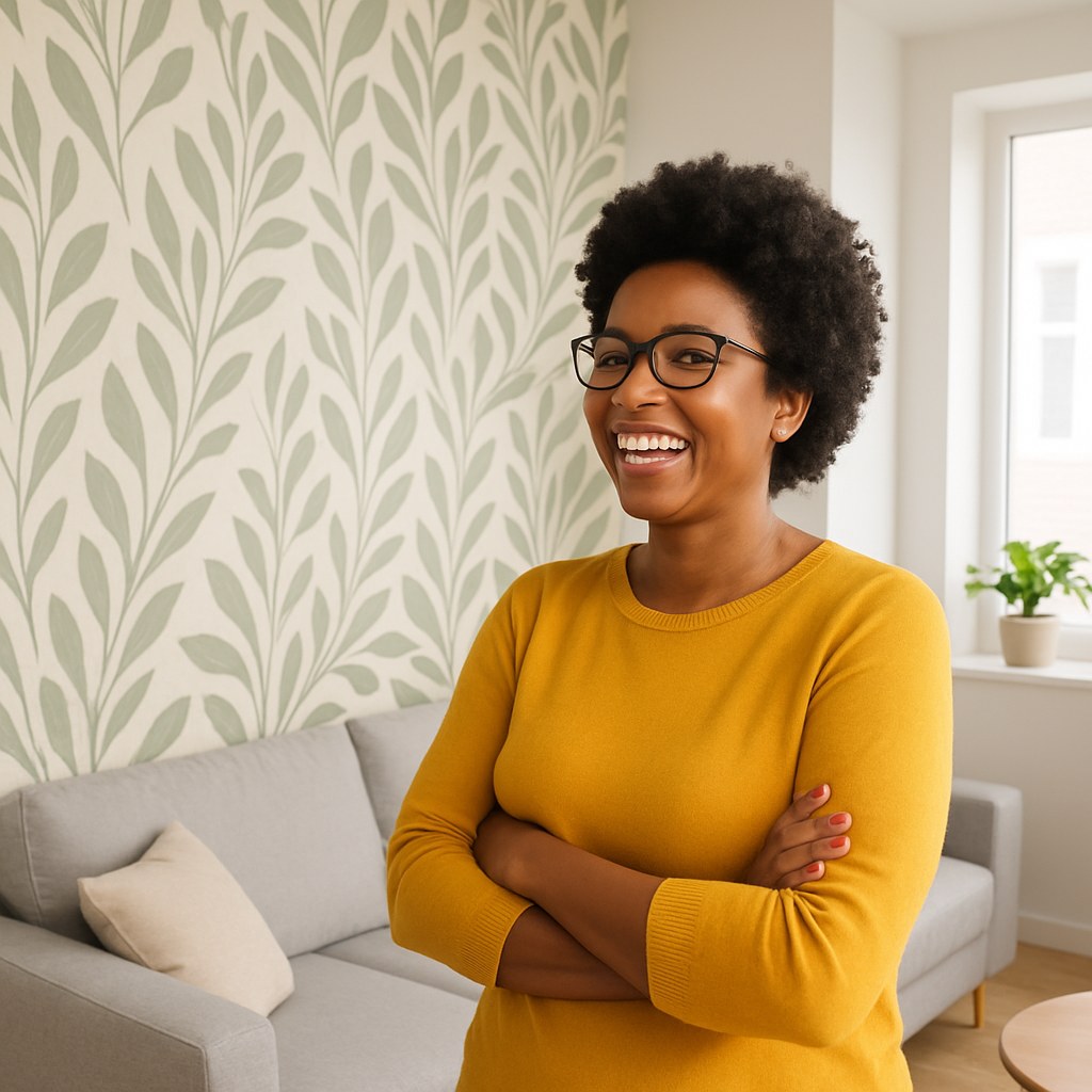 Proud homeowner admiring new wallpapered wall
