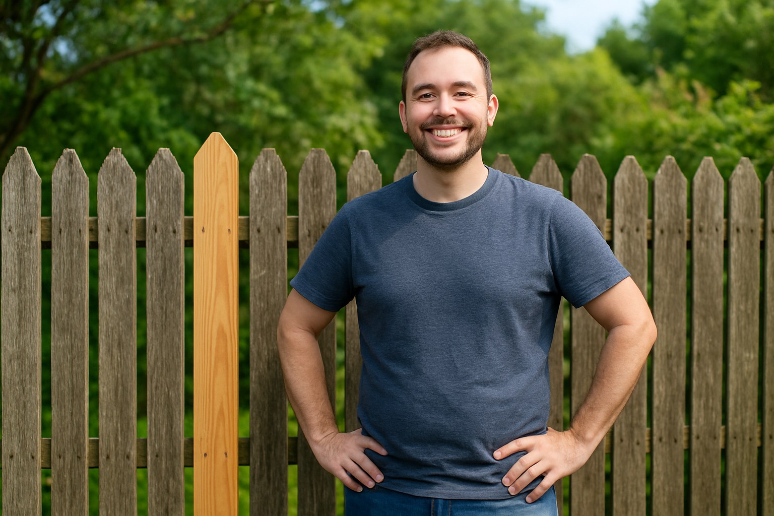 Proud person near repaired fence