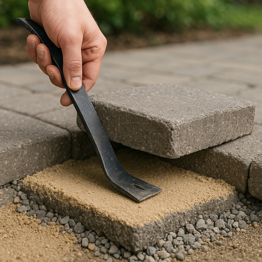 pry bar lifts paver revealing base