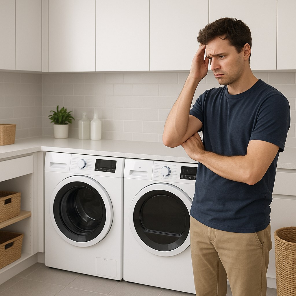 Puzzled person in modern laundry room