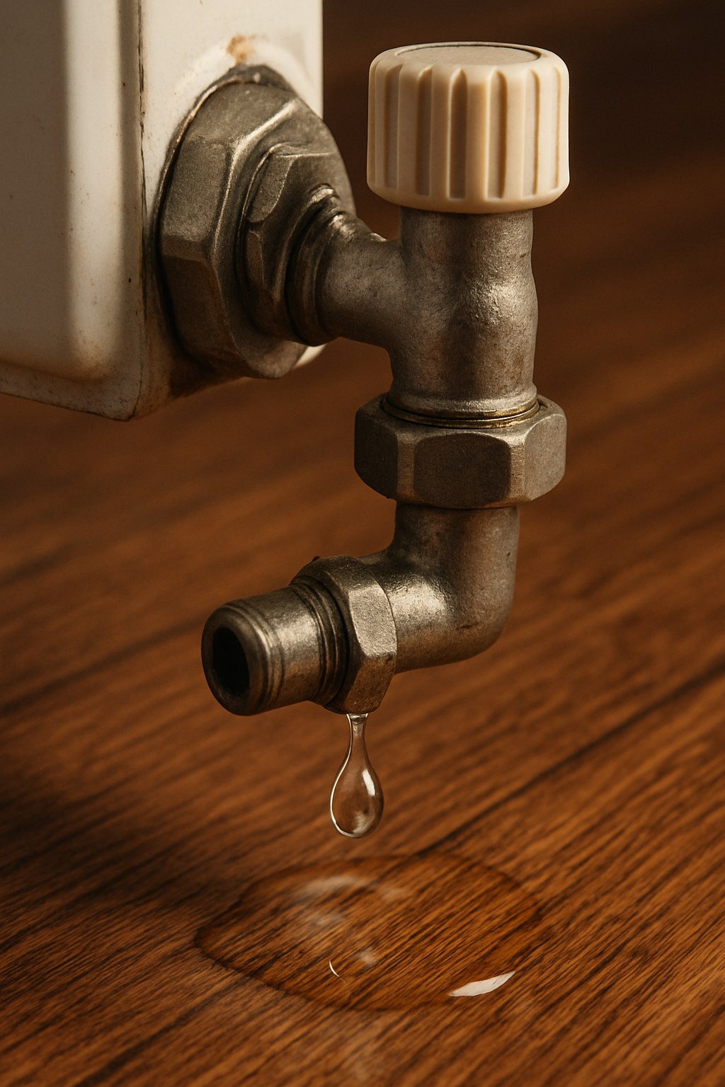 Radiator drip on hardwood floor