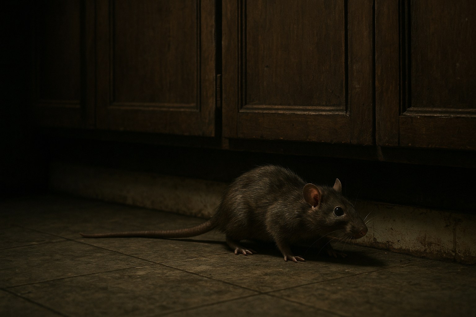 rat on baseboard in dim kitchen