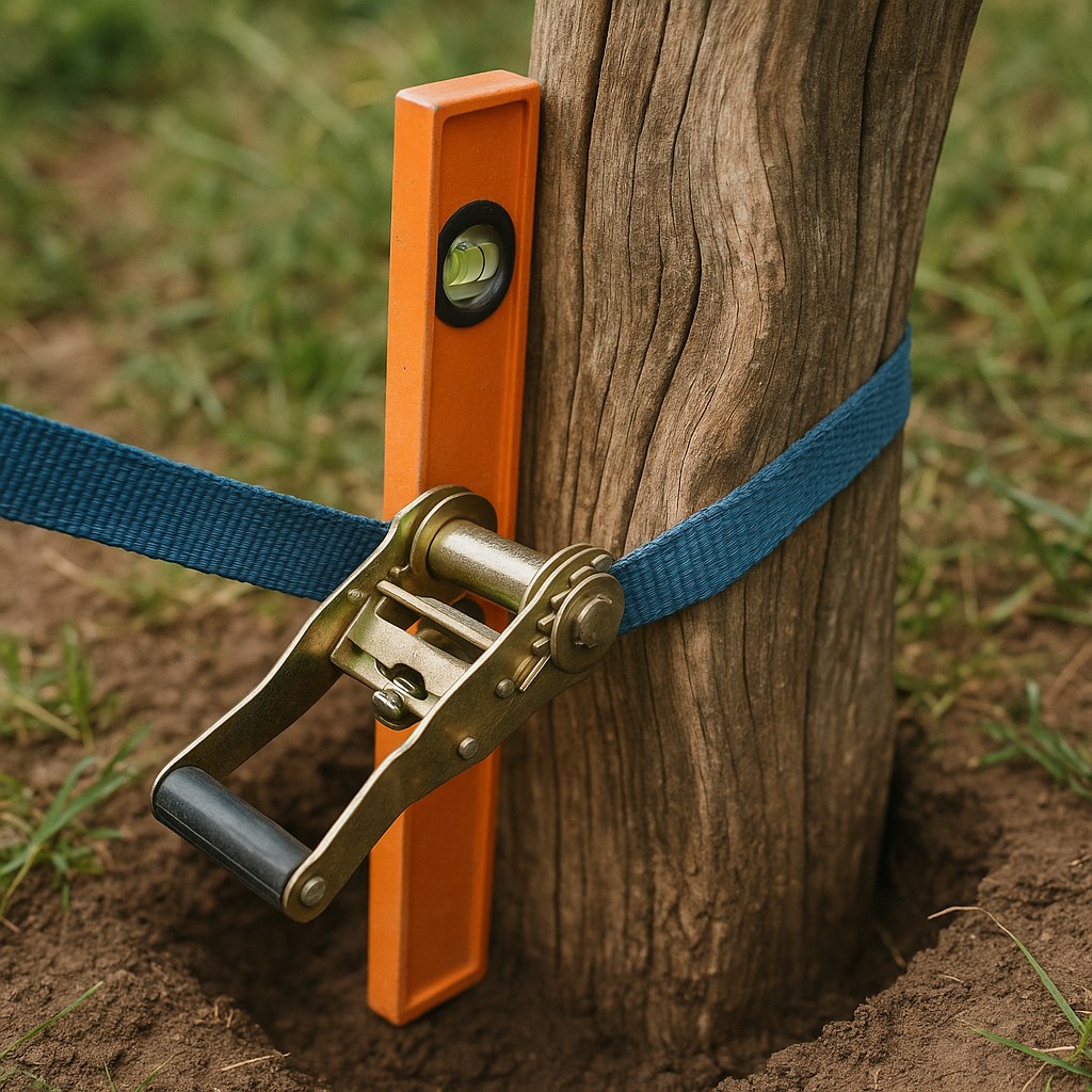 Ratchet strap tightens warped fence post