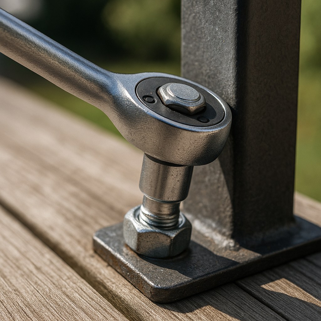 ratchet wrench tightening bolt on railing
