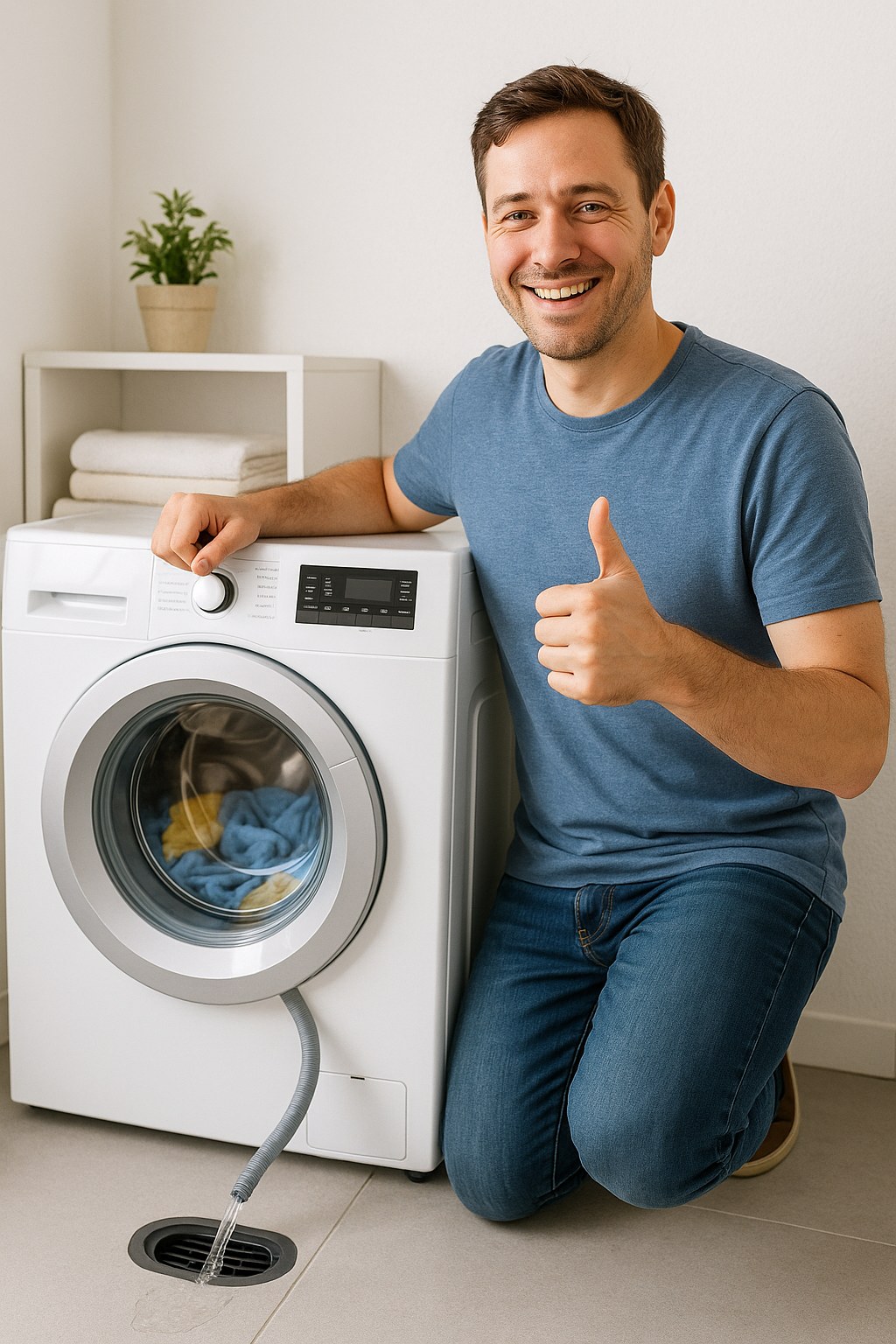 relieved homeowner next to washing machine